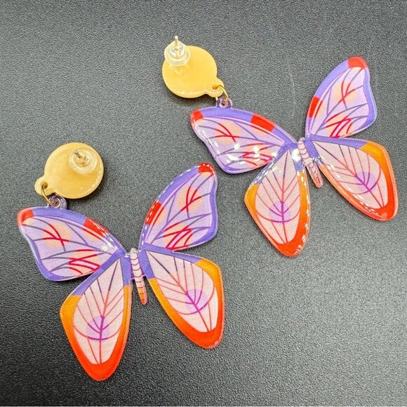 Colorful Orange and Purple Acrylic Butterfly Earrings - Pierced - Picture 4 of 6